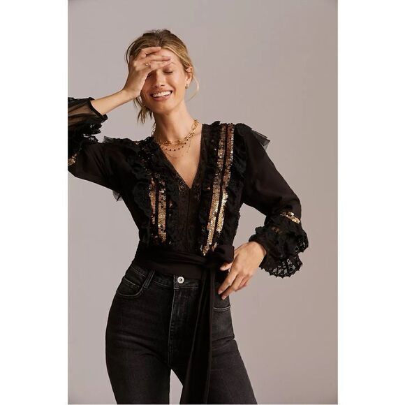 Anthropologie Tops - NEW Anthropologie Let Me Be Sequin V-Neck Hem Tie Ruffle Lace Top Blouse Medium